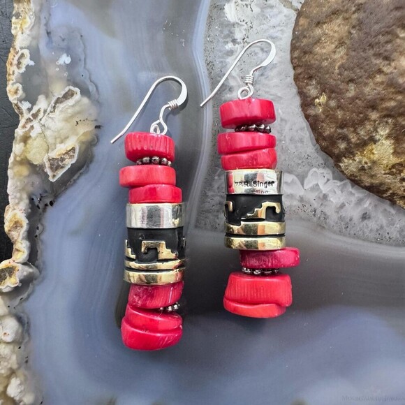 Tommy & Rosita Singer Sterling Silver Red Jasper Bead Dangle Women's Earrings - Picture 1 of 10